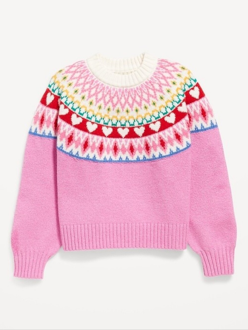 Kids Old Navy Pink Fair Isle Heart Yoke Crewneck Sweater